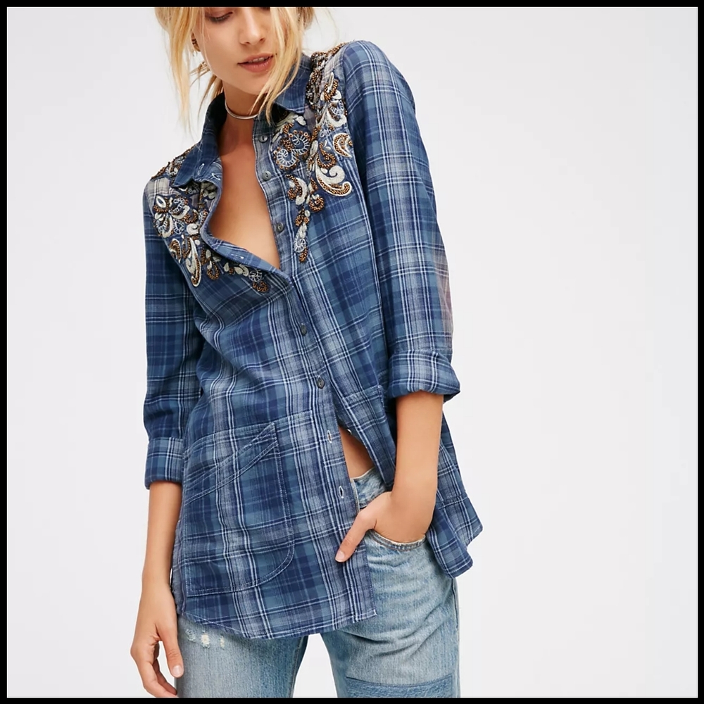 NWT Free People Stevie's Embellished Plaid Button Down Shirt
